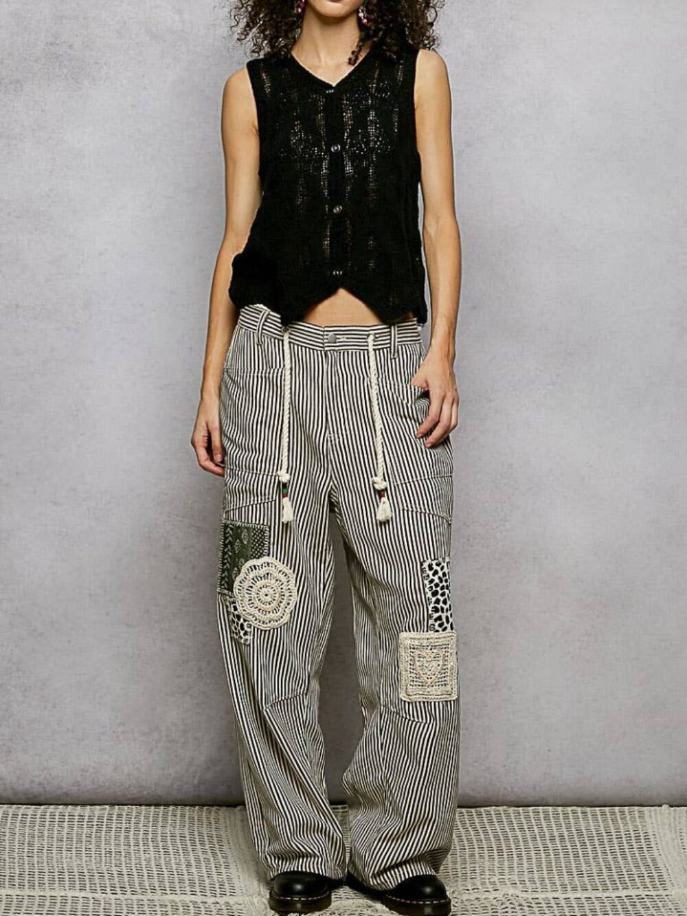 POL NWT Twill Denim Chocolate Stripe Patchwork Barrel Pants